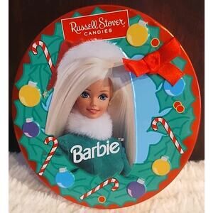 Vintage Barbie Christmas Metal Small TIN Russell Stover Candies 1997 Girly 5"
